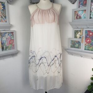 Gray Violet Silk Halter Tan Cream Slate Blue with Sheer Overlay